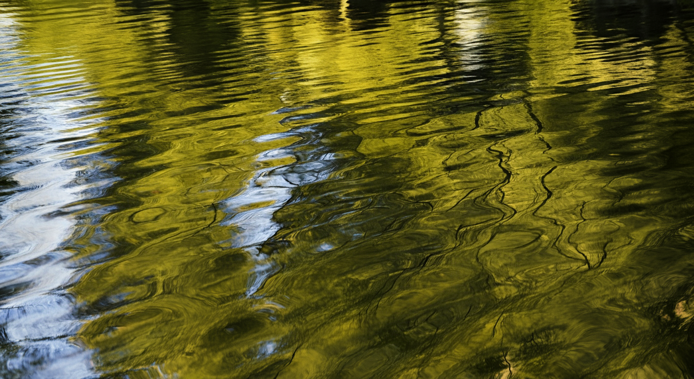 Rippling water surface reflecting yellow-green foliage and patches of blue sky.