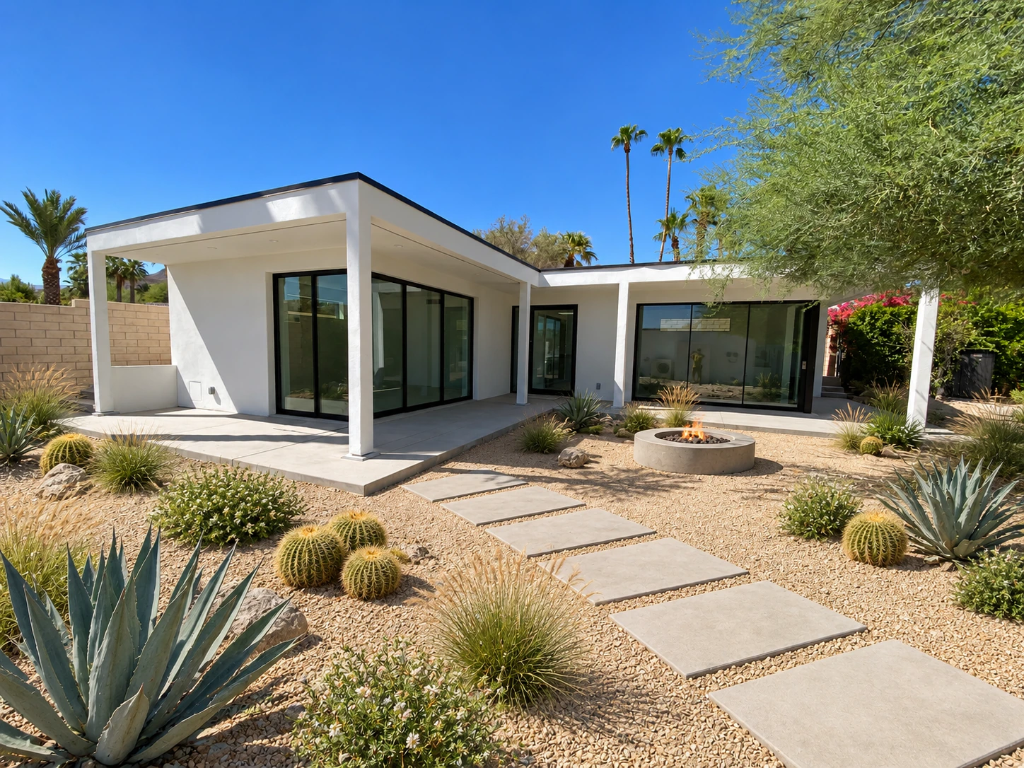 Visualization of the Rancho Mirage casita with proposed desert planting, concrete pavers, and a gas firepit; landscaping was not part of the completed TKG scope