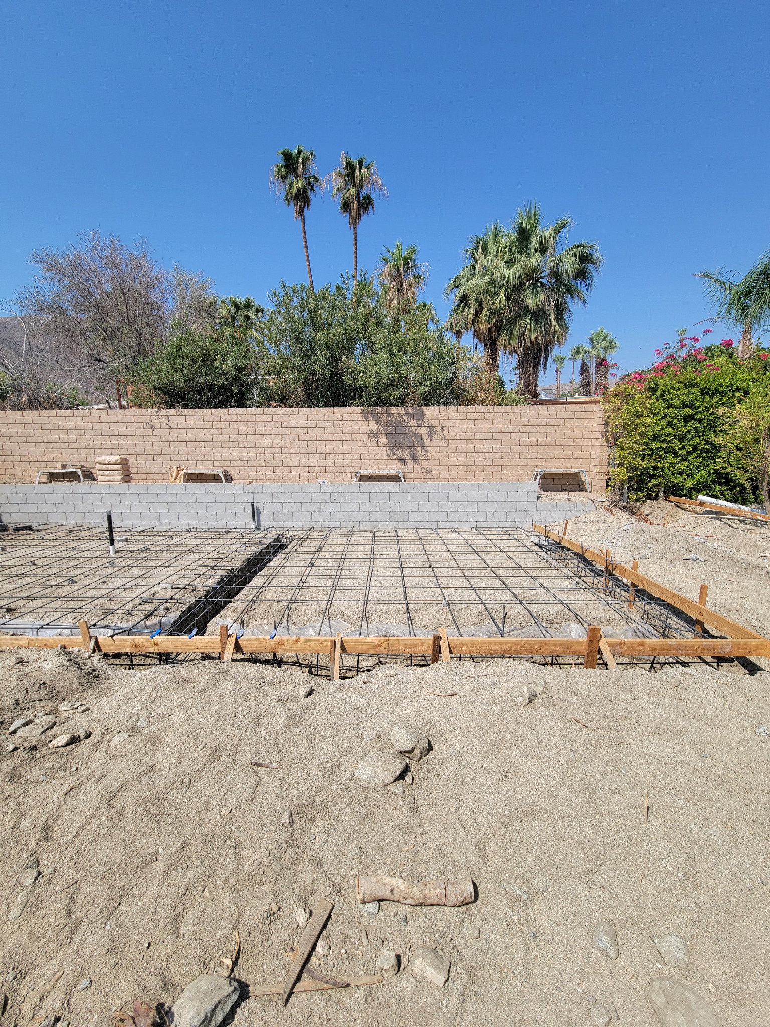 Rancho Mirage casita foundation slab formwork and steel reinforcement in July 2025