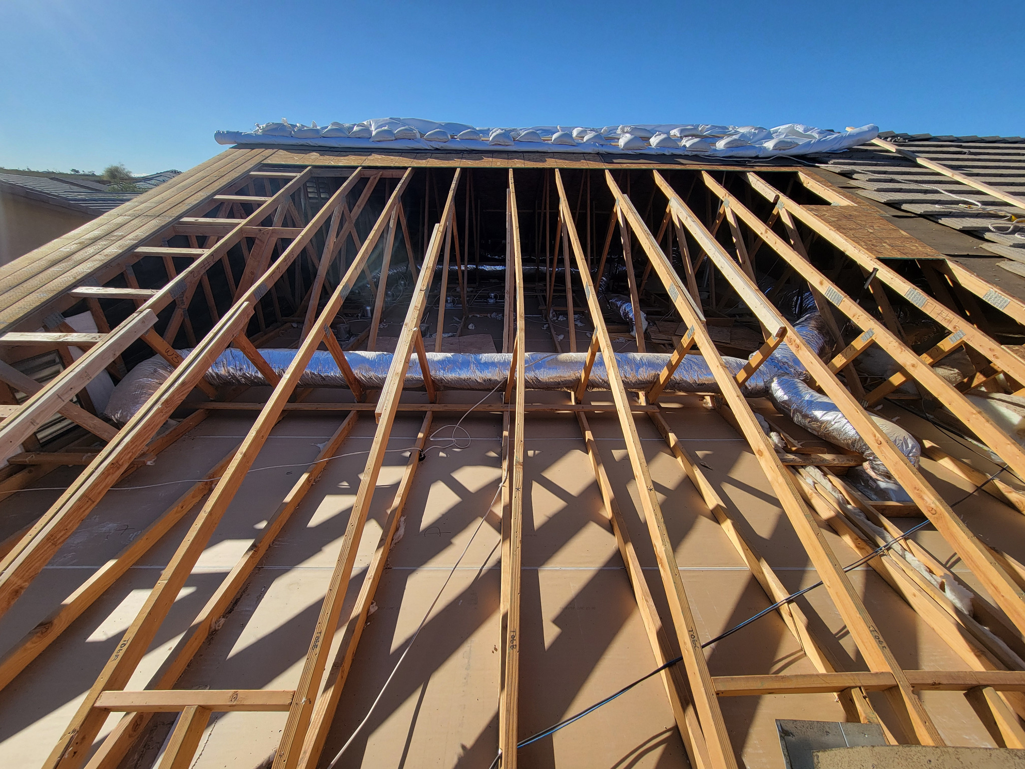 Exposed roof framing during the Twentynine Palms structural repair