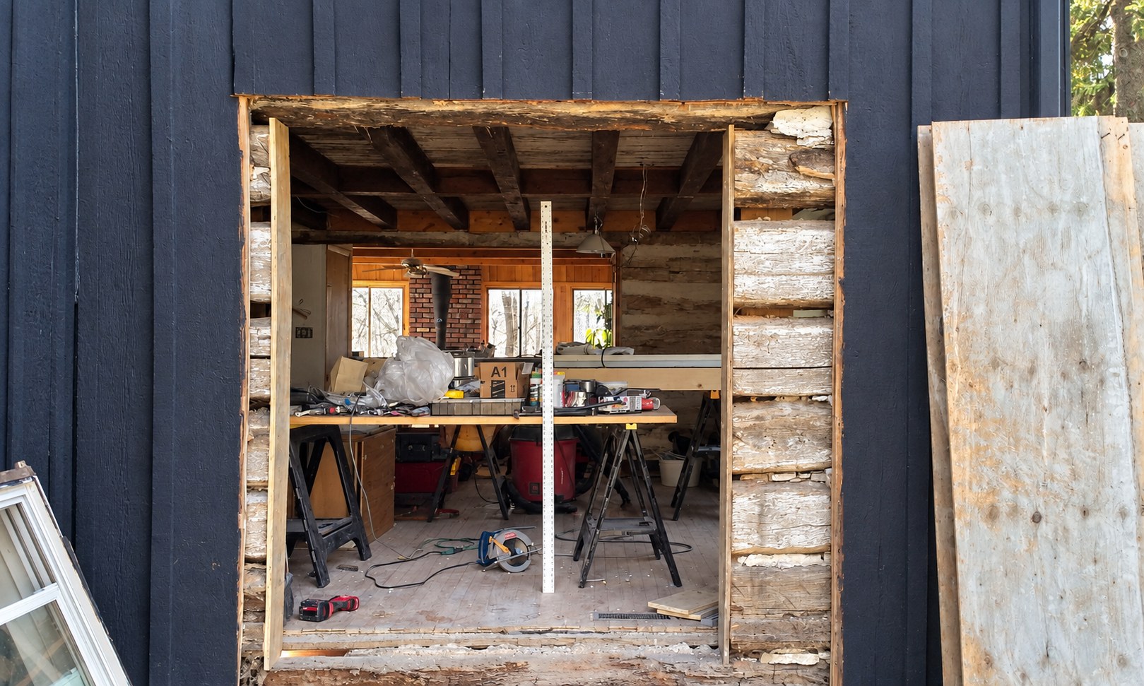 Exterior view of the new opening through the log wall during renovation.