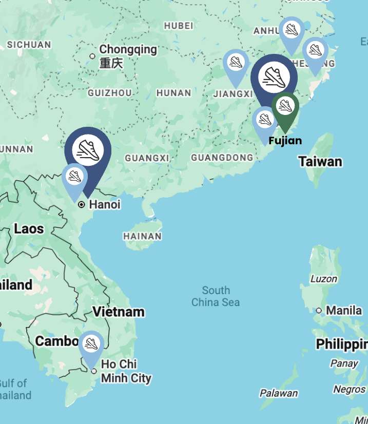 Map of XL Shoes production facilities across Asia