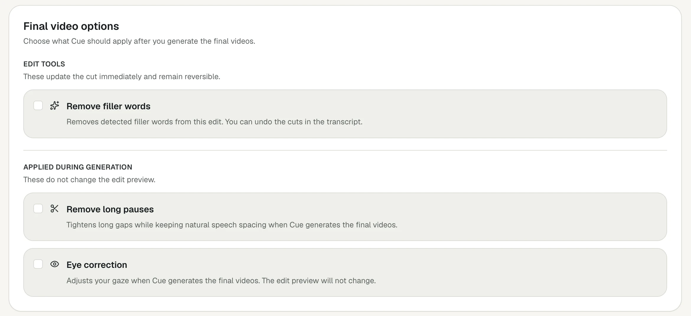 Cue Studio final video options: remove filler words, remove long pauses and eye correction