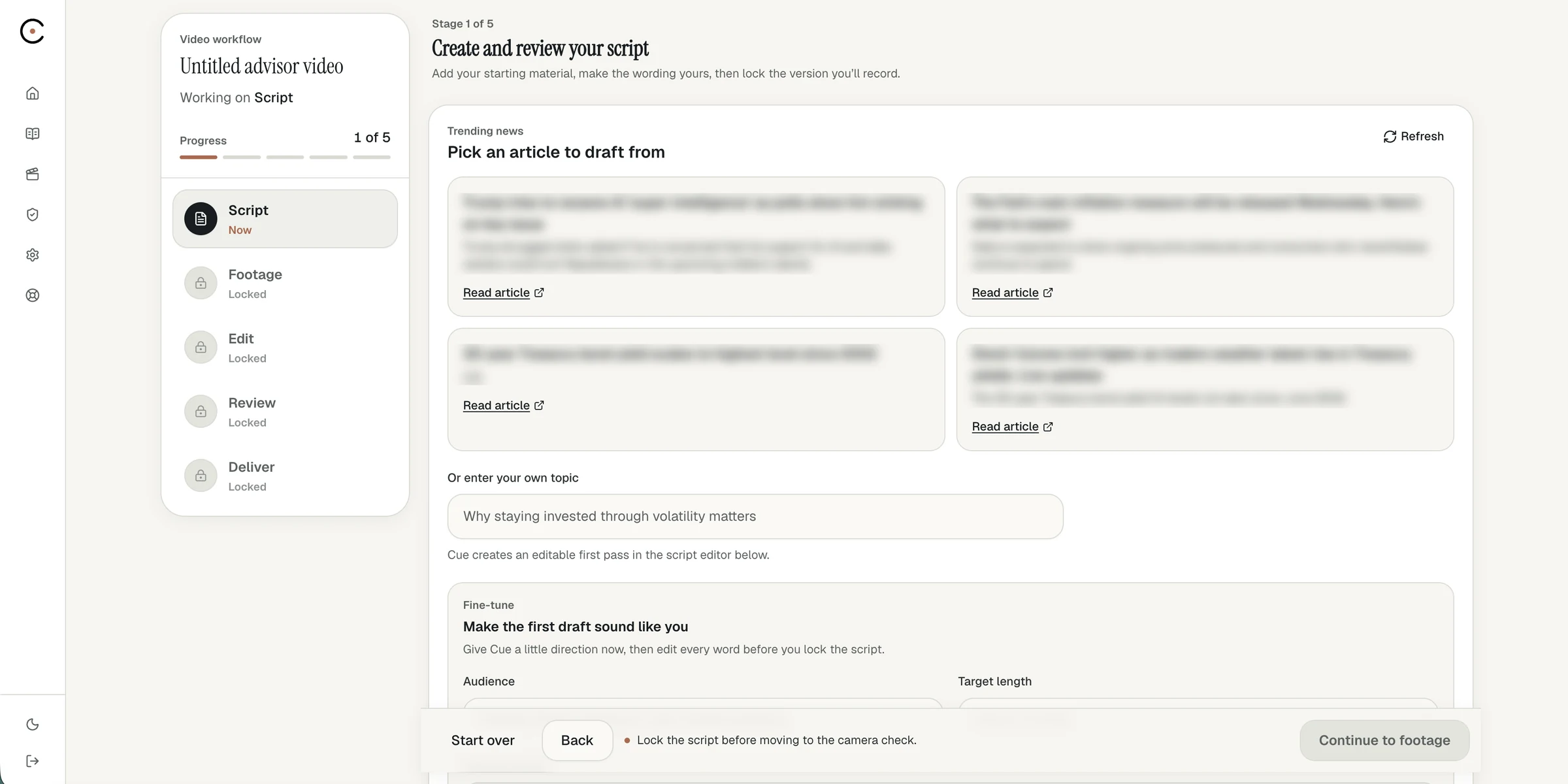 Draft with Cue screen showing trending news articles, a custom topic field and audience settings
