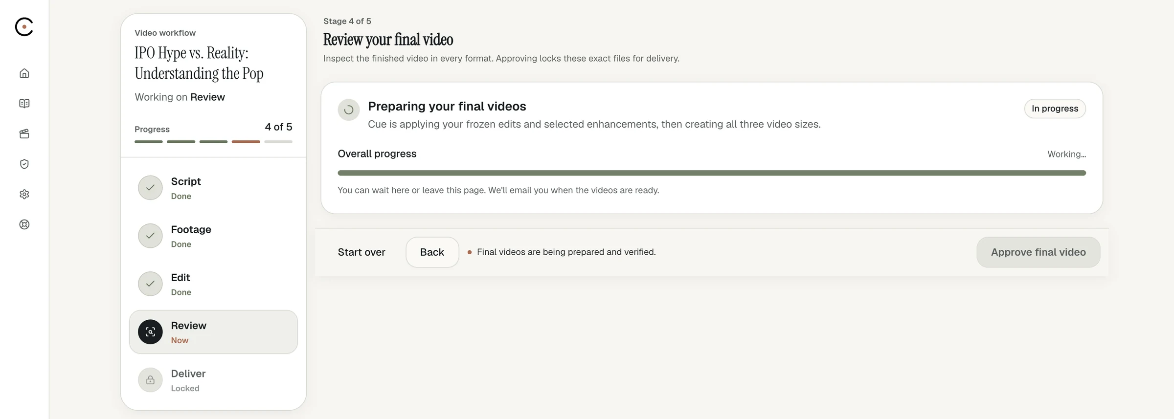 Cue Studio review step preparing the final videos in all three sizes for approval