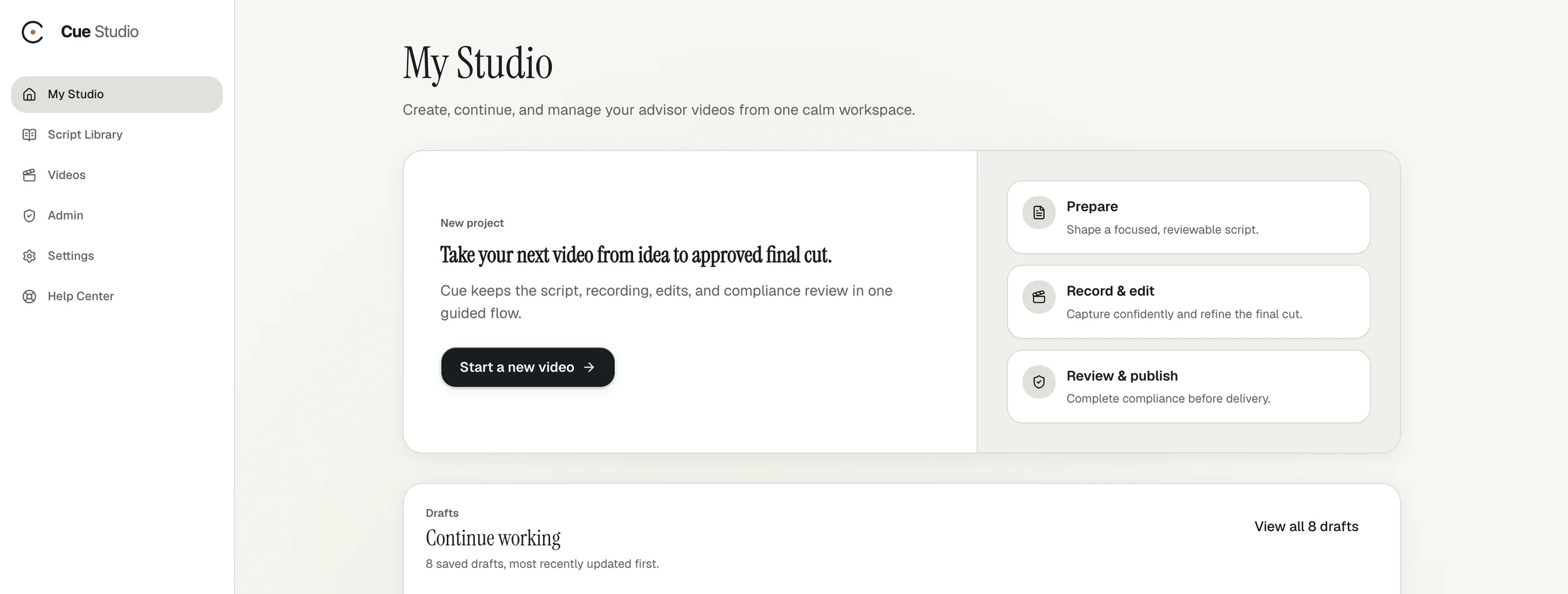 Cue Studio home screen, My Studio, with prepare, record and edit, and review and publish steps