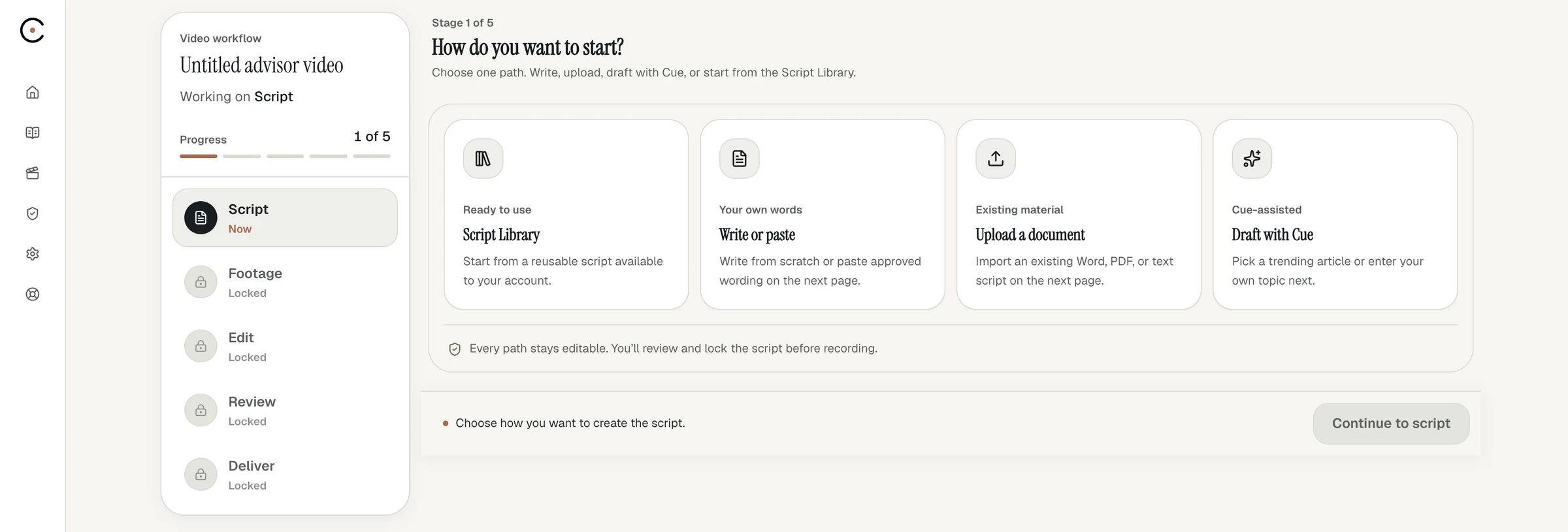 Cue Studio script step with four ways to start: Script Library, write or paste, upload a document, or draft with Cue