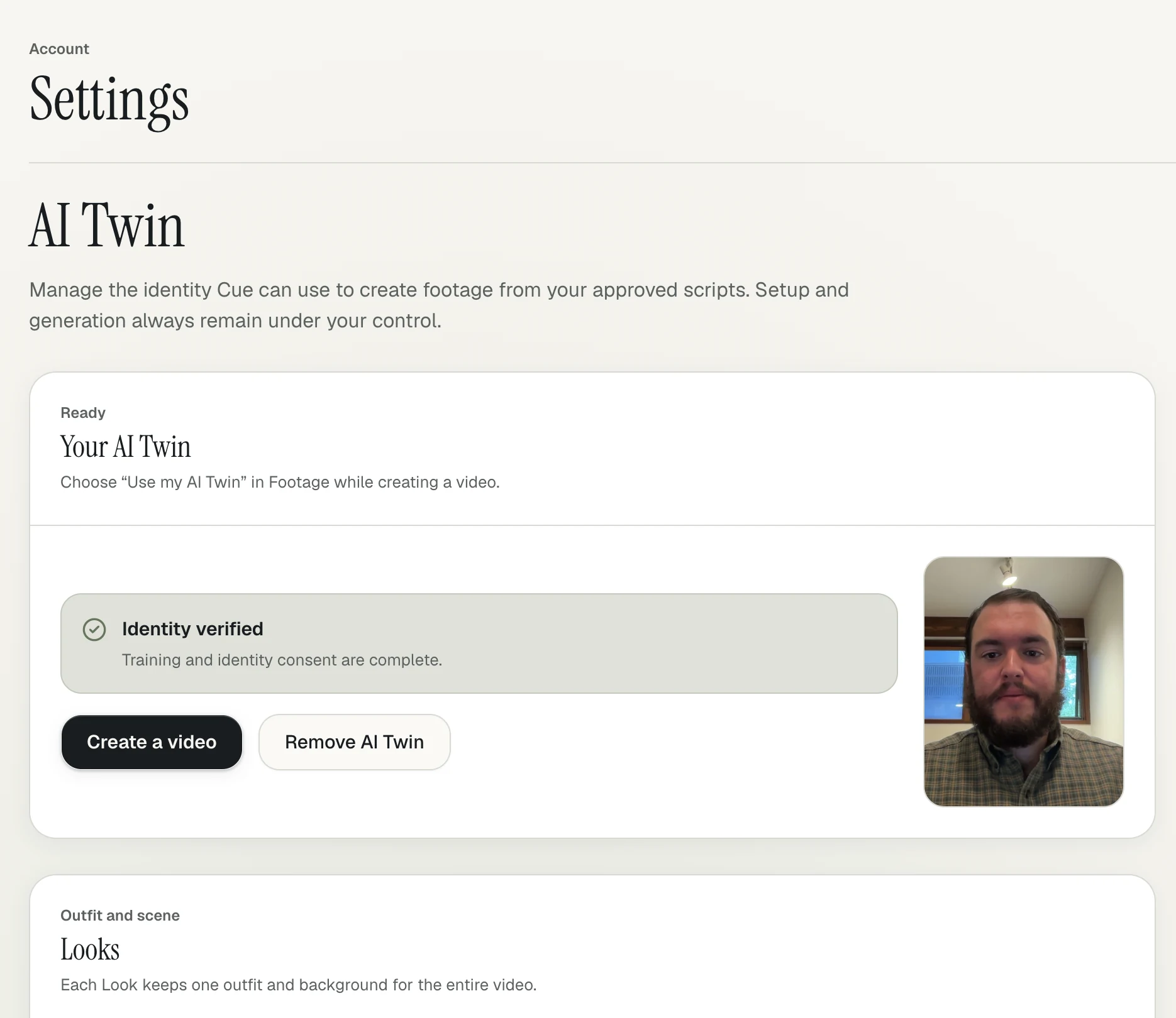 Cue Studio AI Twin settings showing identity verified after training and consent