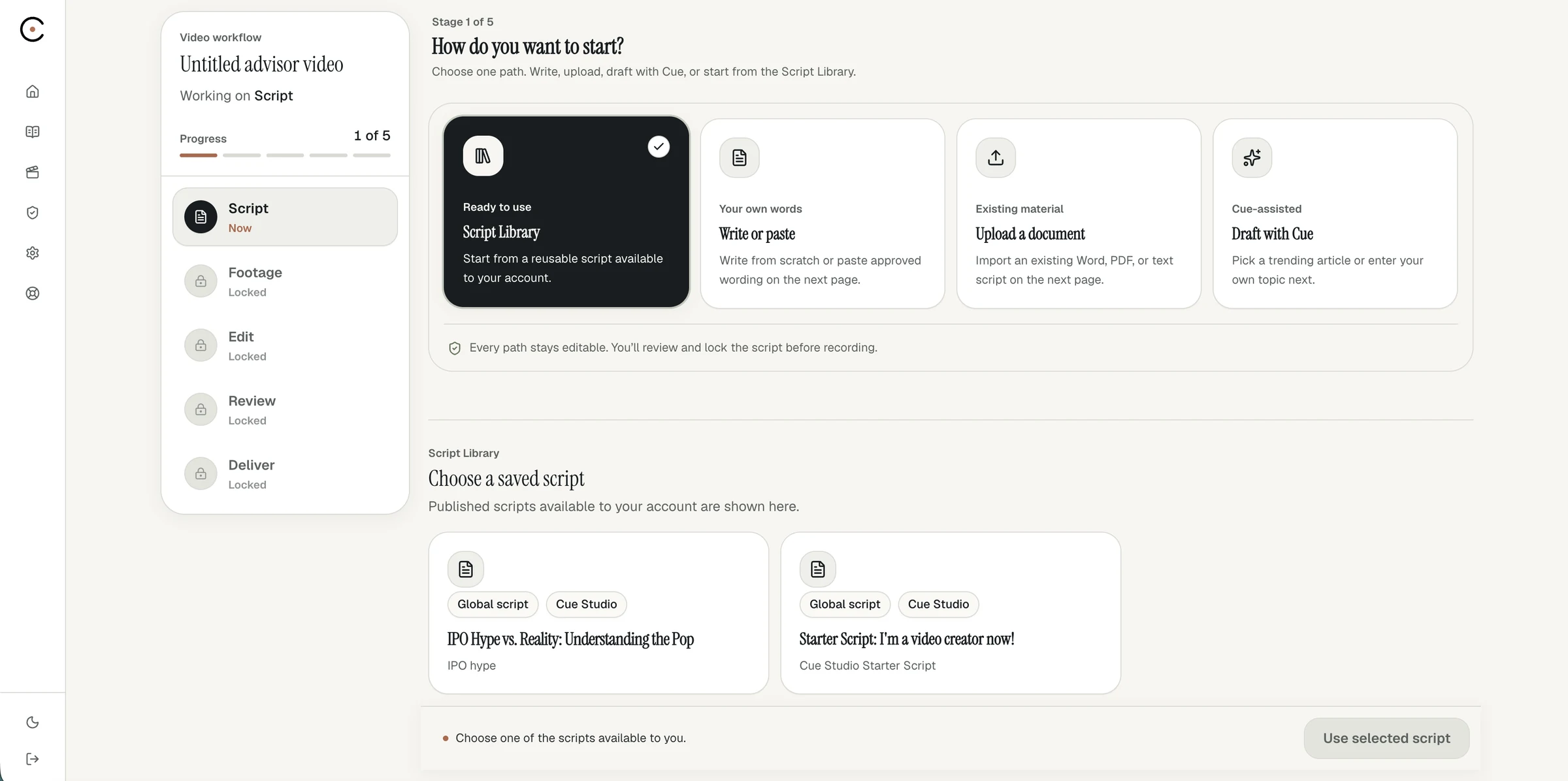 Cue Studio Script Library showing firm-published global scripts ready to use
