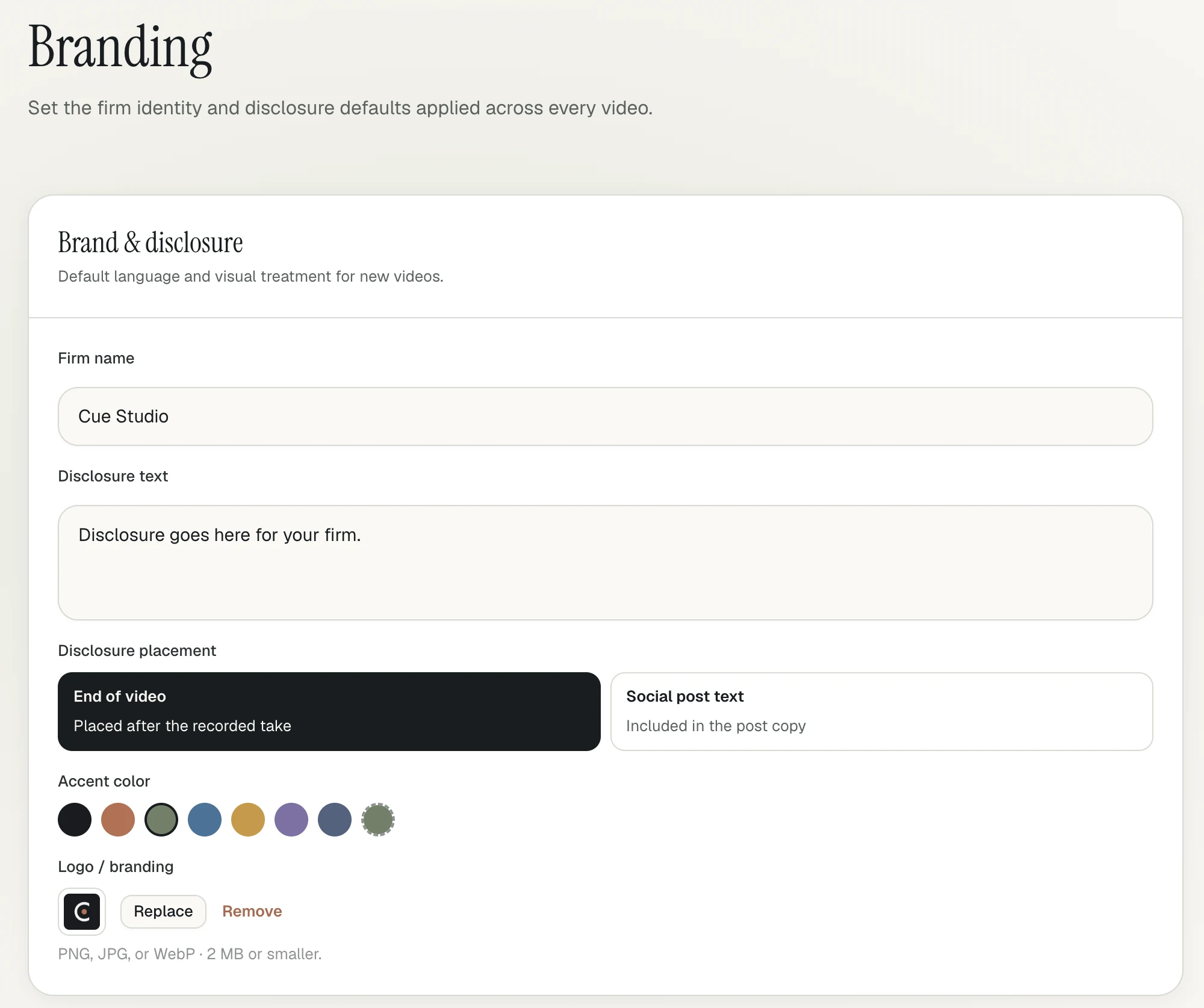 Cue Studio branding settings for firm name, disclosure text, disclosure placement, accent color and logo