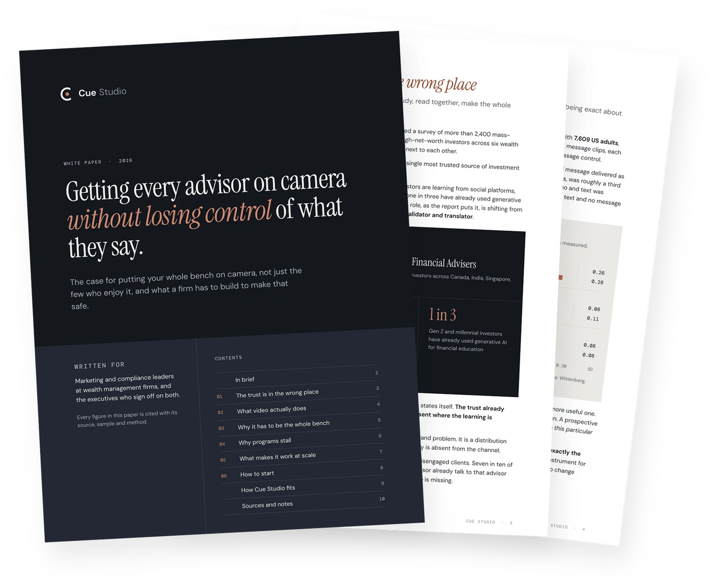 Pages from the Cue Studio white paper Getting every advisor on camera without losing control of what they say