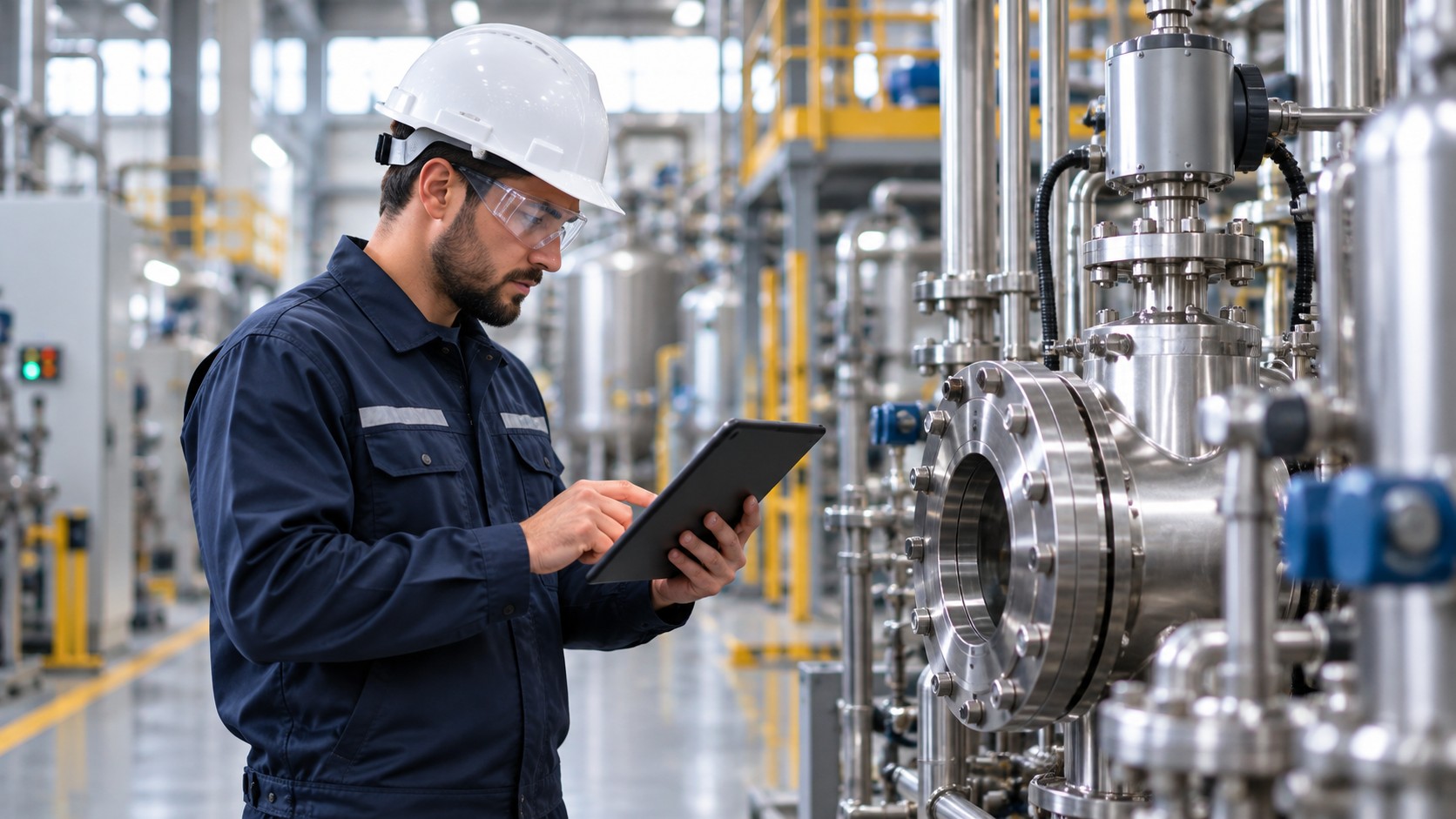 Technician in a hard hat reviewing a procedure on a tablet beside industrial equipment