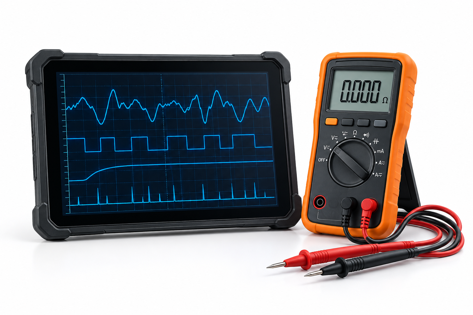 Diagnostic tablet showing signal traces beside an orange multimeter