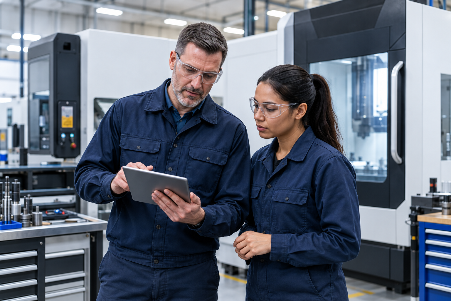 Two technicians in navy workwear reviewing a training tablet beside CNC equipment