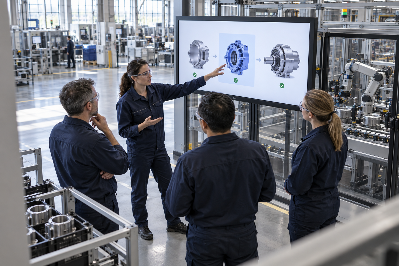 Manufacturing team briefing at a procedure display, with a supervisor pointing out the revised steps
