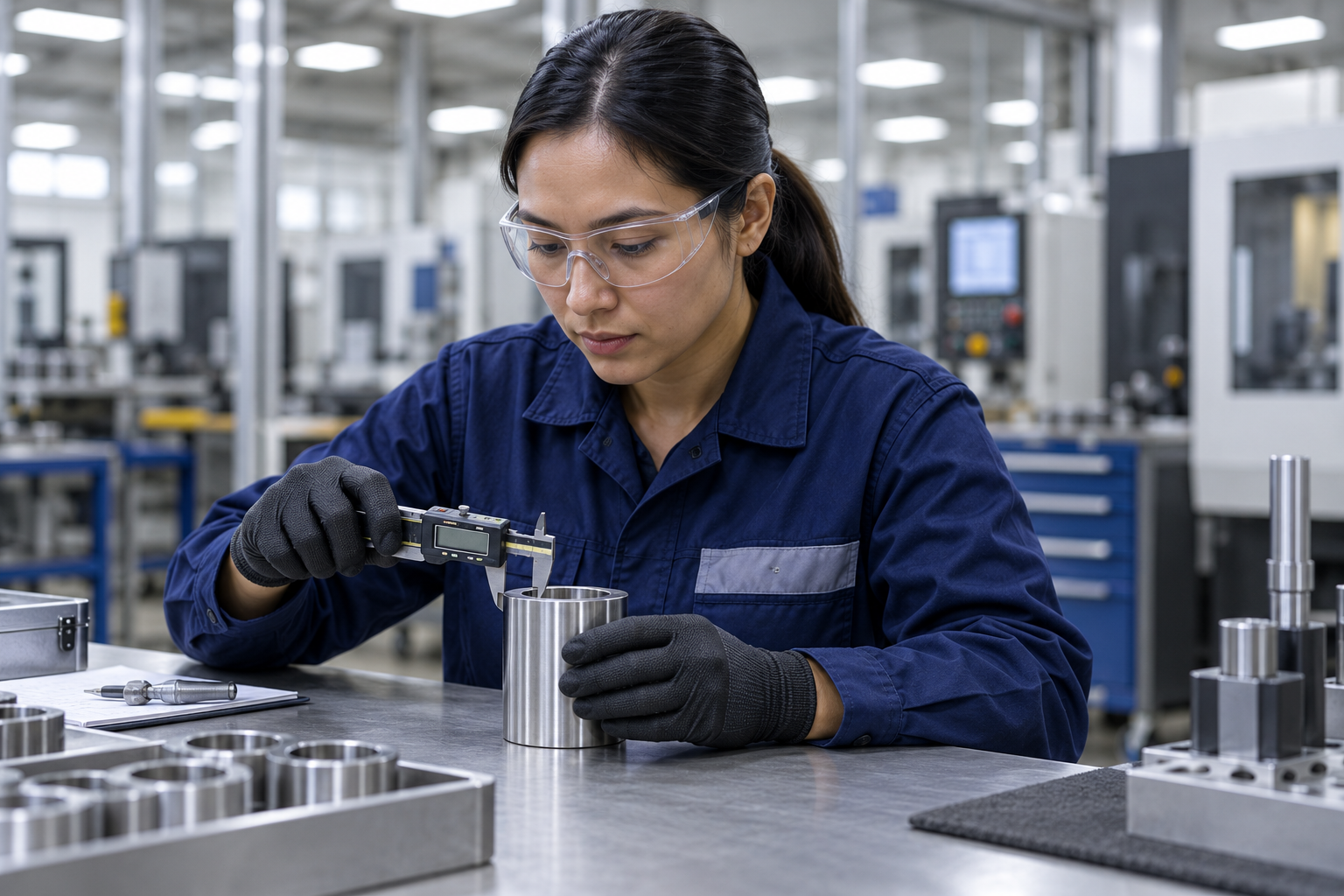 Inspector in safety glasses measuring a machined component with a caliper
