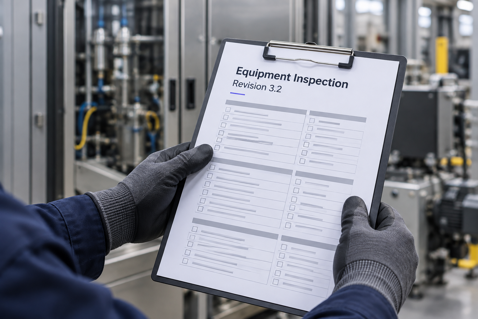 Gloved hands holding an equipment inspection procedure on a clipboard