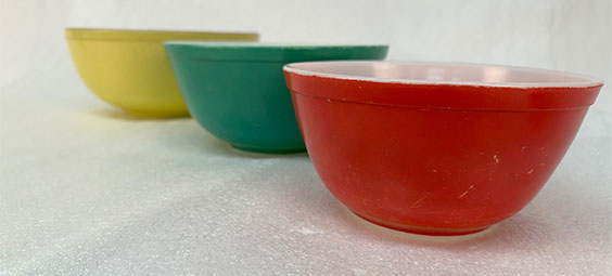 Vintage Pyrex Primary Colors opal glass mixing bowls, 1940s to 1950s, from the State Historical Society of North Dakota collection