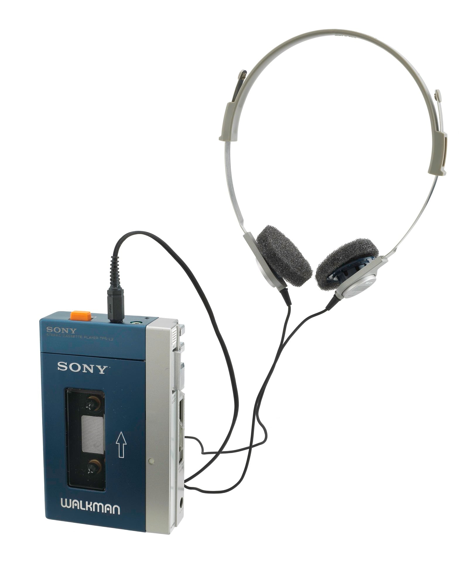 Original 1979 Sony Walkman TPS-L2 portable cassette player in blue and silver, from the Smithsonian National Museum of American History