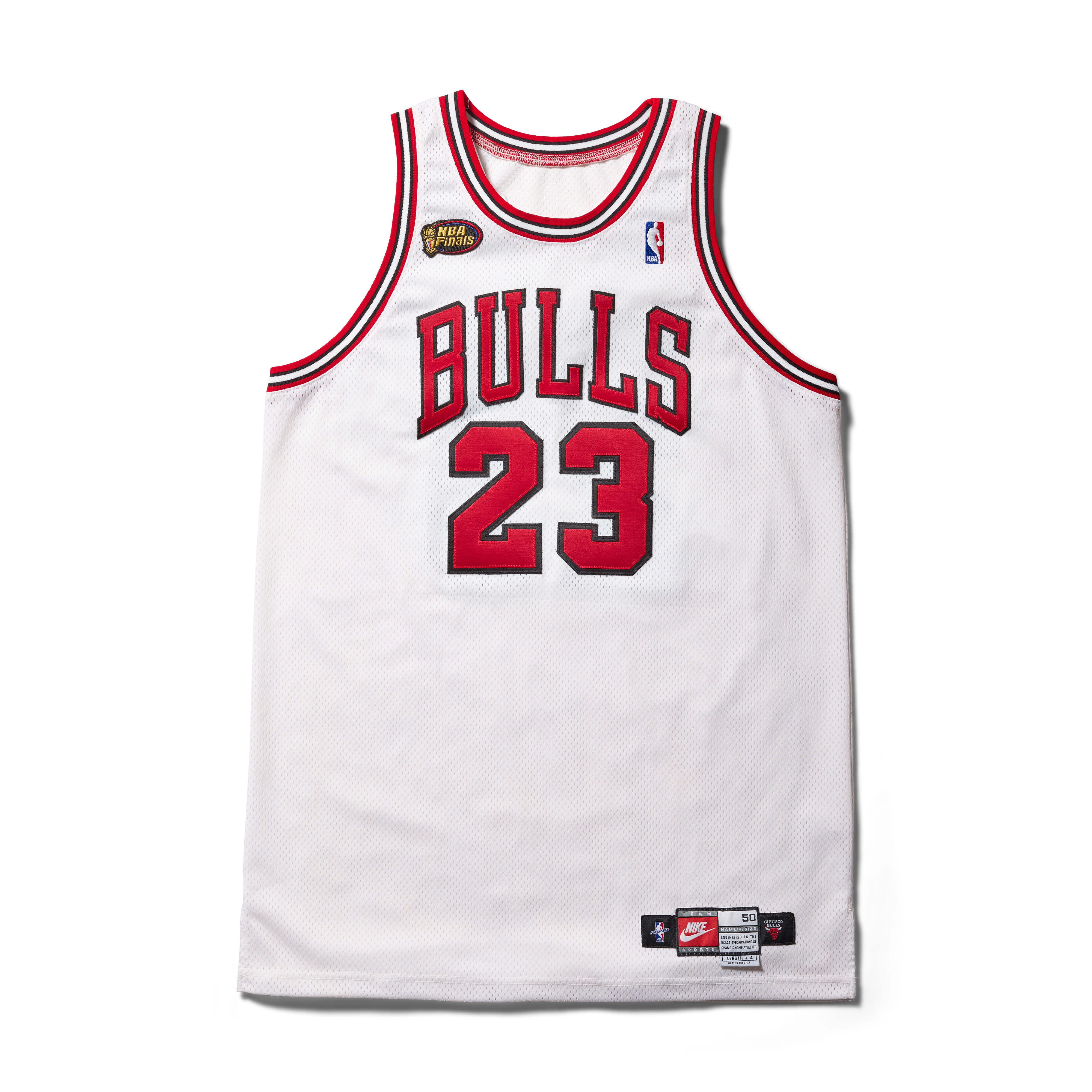 Michael Jordan's white Chicago Bulls No. 23 jersey from Game 3 of the 1998 NBA Finals, as photographed for the Joopiter auction