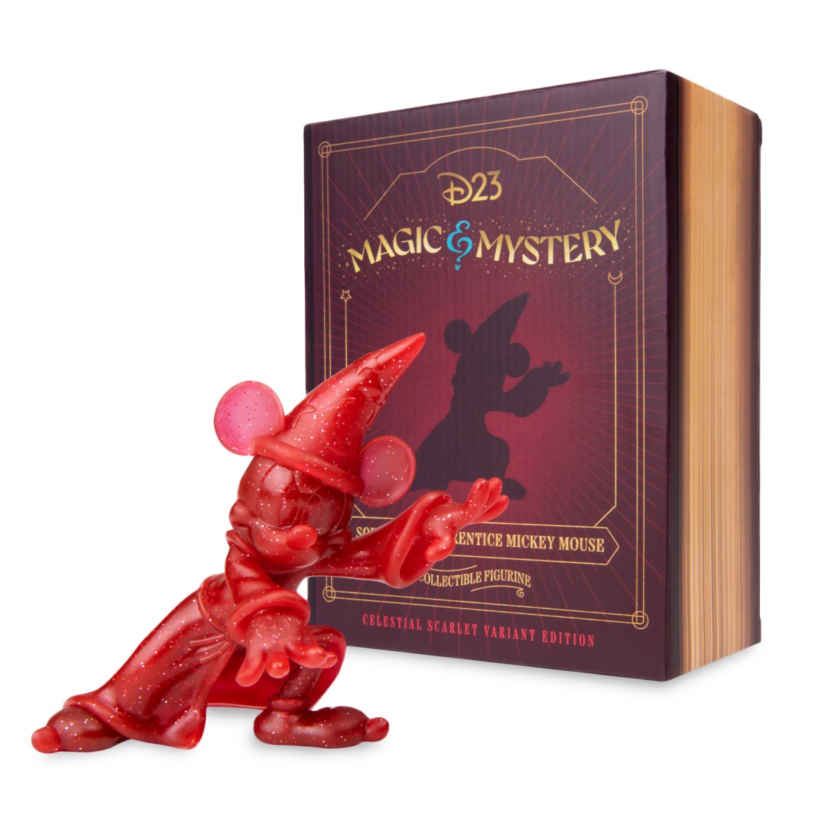 D23-Exclusive Sorcerer Mickey Mouse collectible figurine in a celestial scarlet glitter variant, from Disney Store