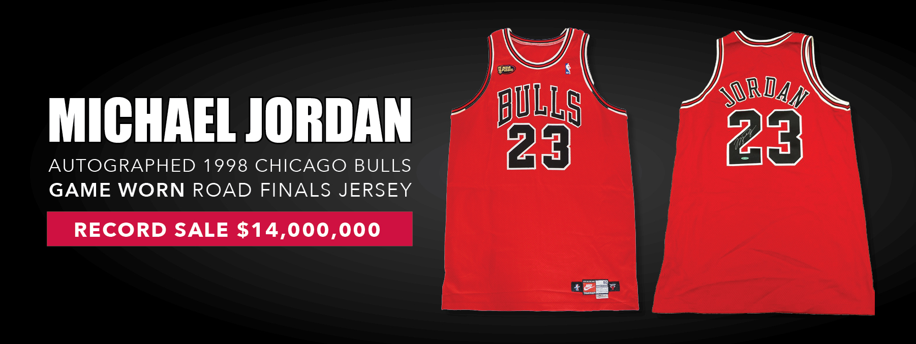 Michael Jordan's red Chicago Bulls road jersey worn and signed in Game 2 of the 1998 NBA Finals