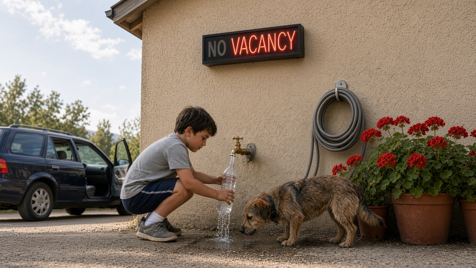 A boy fills a water bottle at a motel spigot while a dog drinks the overflow, under a vacancy sign.