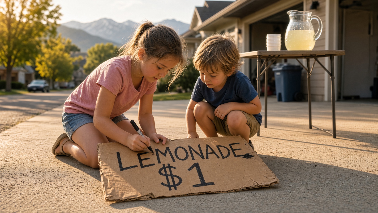 A girl kneels on a driveway writing a lemonade price on a cardboard sign while her brother watches.