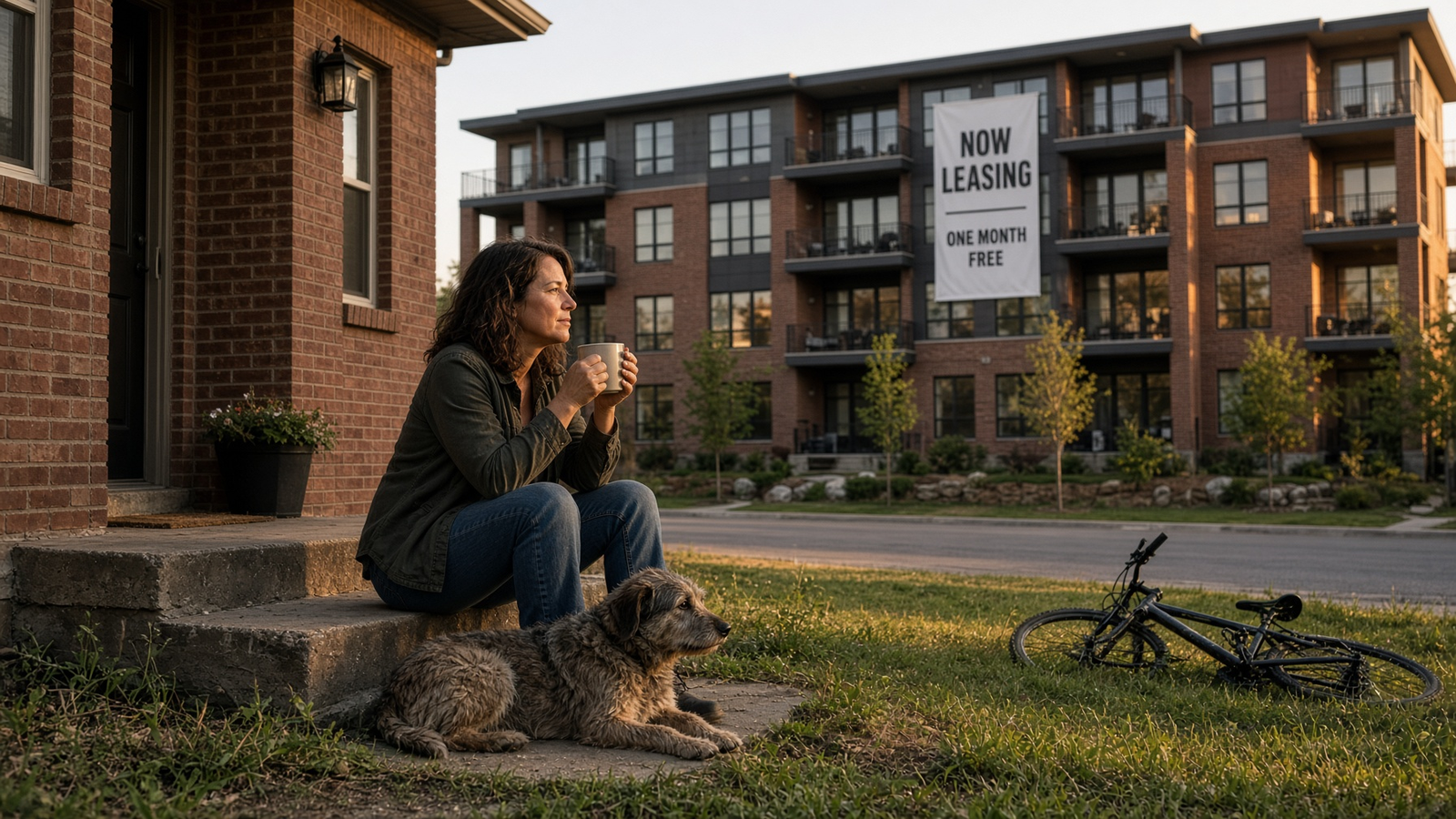 A woman with a coffee mug sits on her front step with her dog while a new apartment building across the street advertises Now Leasing, One Month Free.