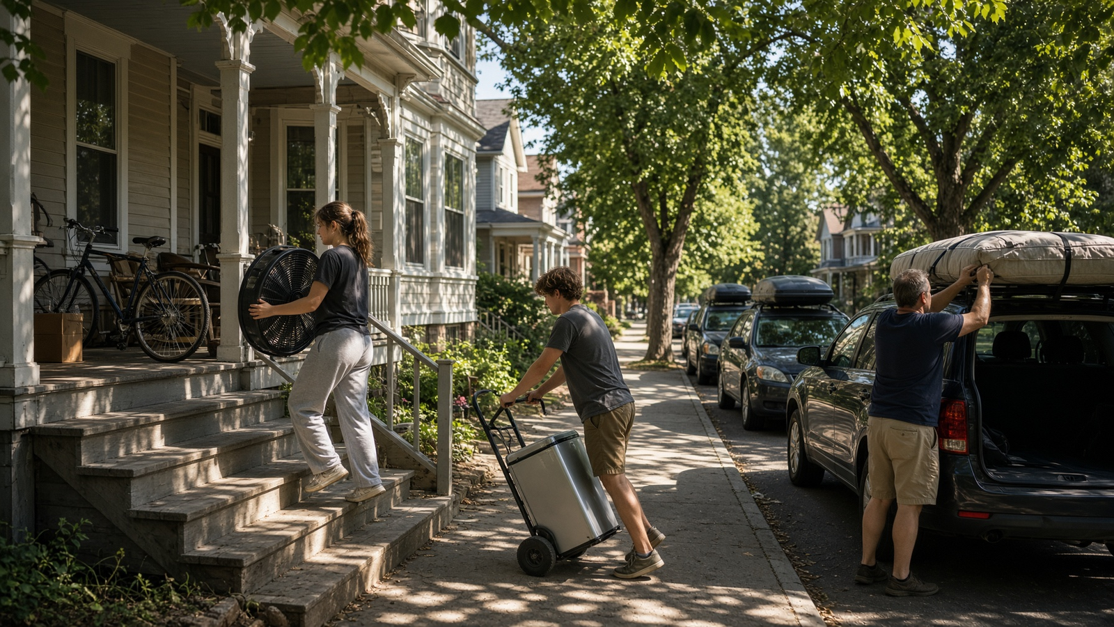 Students carry a box fan and wheel a mini fridge up the steps of an old house on move-in weekend, with cars and mattresses at the curb.