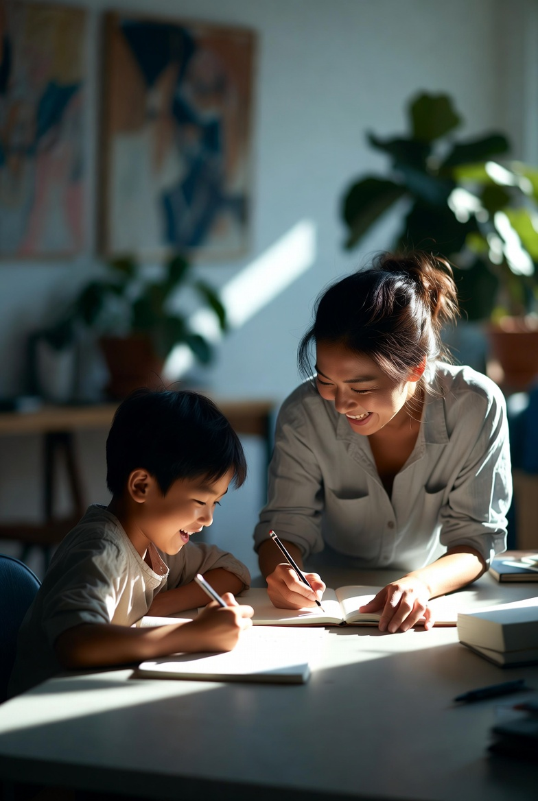 A mother helps her son with schoolwork at a sunlit table.