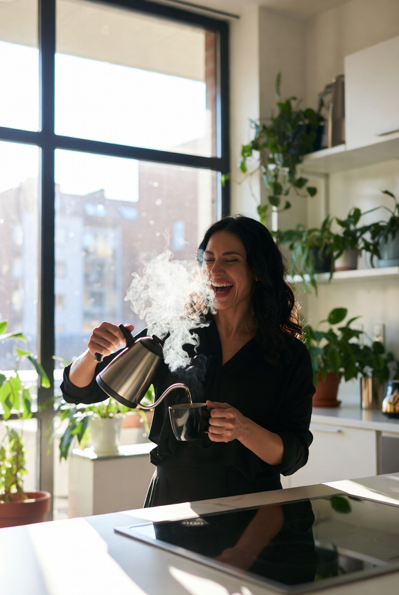 A woman pours coffee in a bright apartment kitchen.