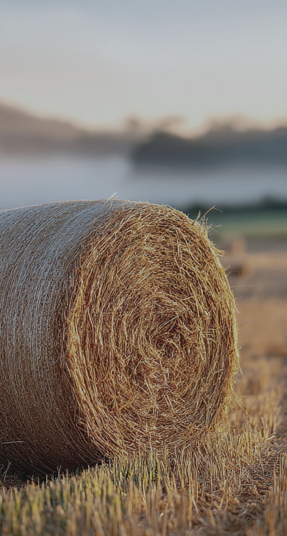 Round hay bale in a freshly cut field with morning fog over the hills