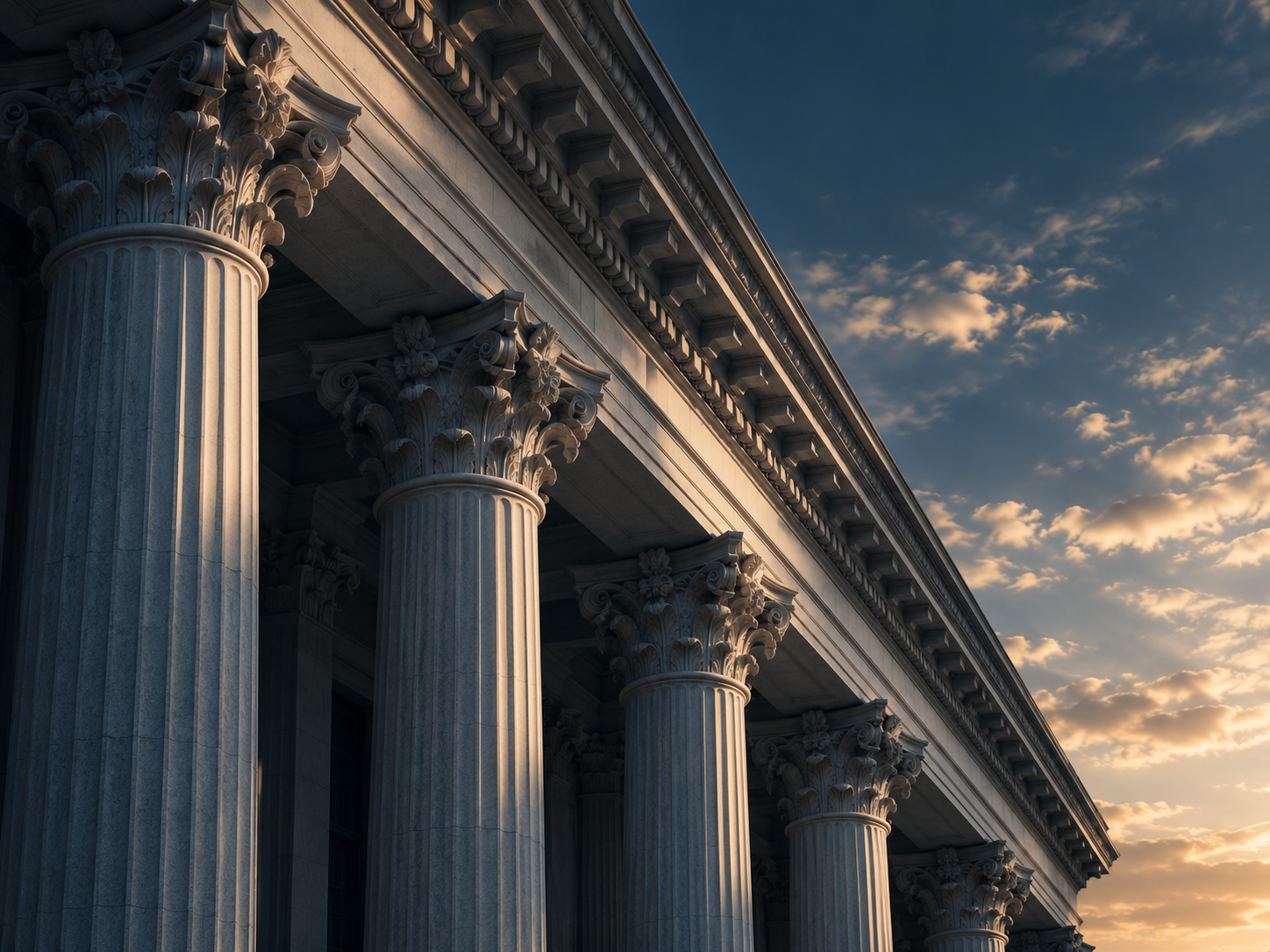 Classical columns beneath a moody evening sky