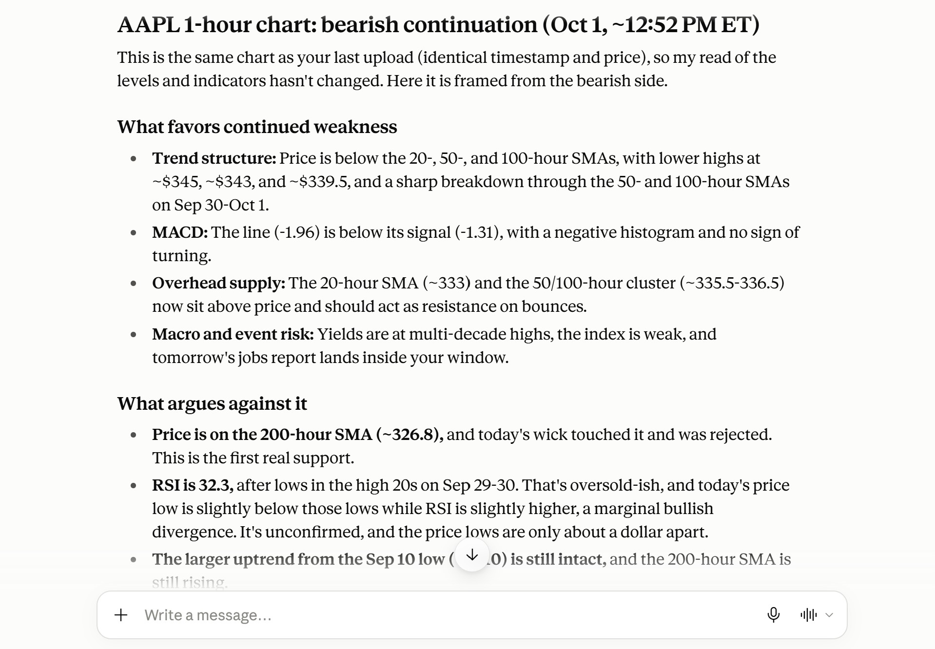 Claude reading of an AAPL 1-hour chart listing moving averages, MACD and RSI signals for and against weakness