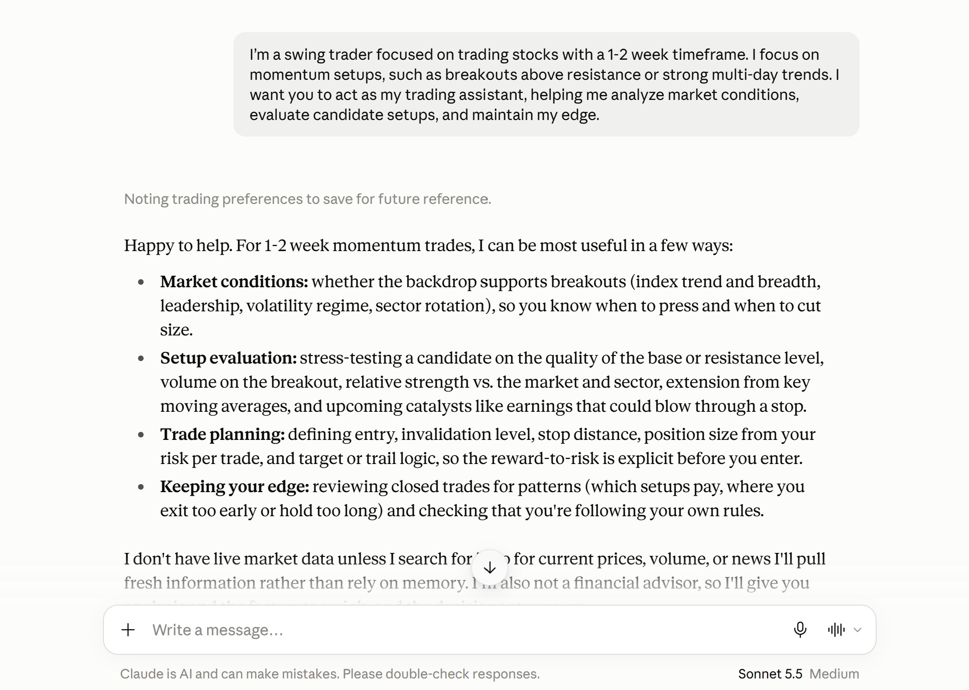 Claude chat where a swing trader sets context for momentum setups and Claude outlines how it can help