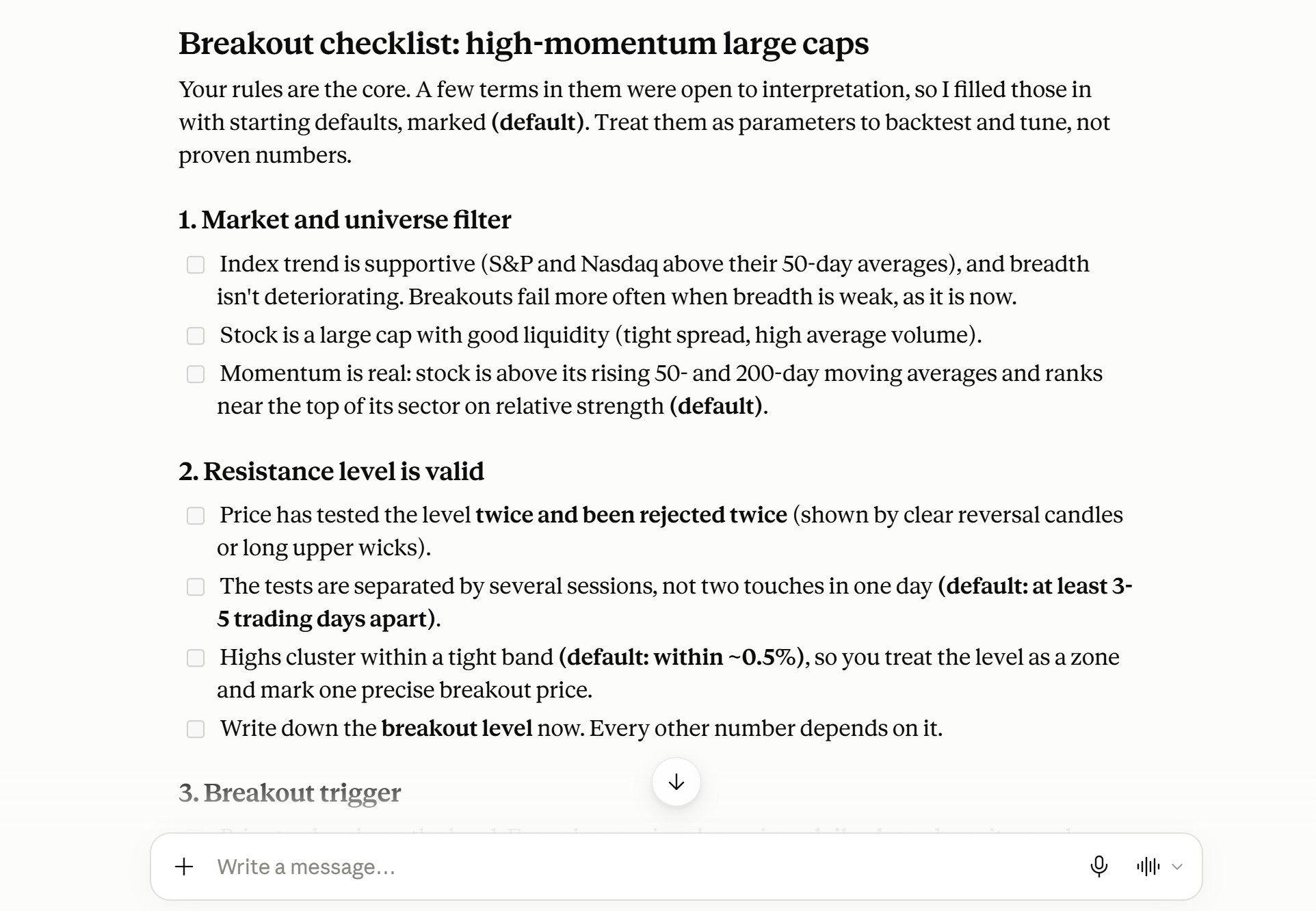Claude-built breakout checklist for high-momentum large caps with market filter and resistance rules