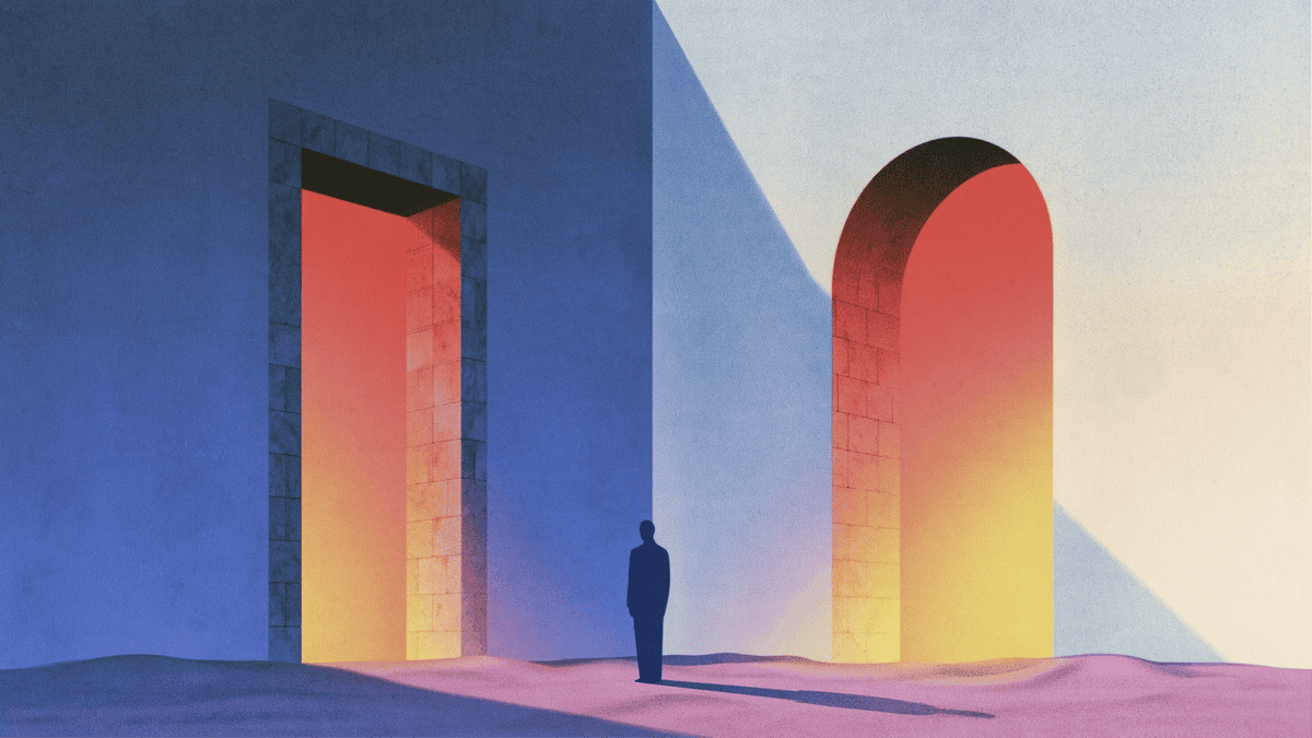 Silhouetted figure standing between two glowing doorways, one square and one arched