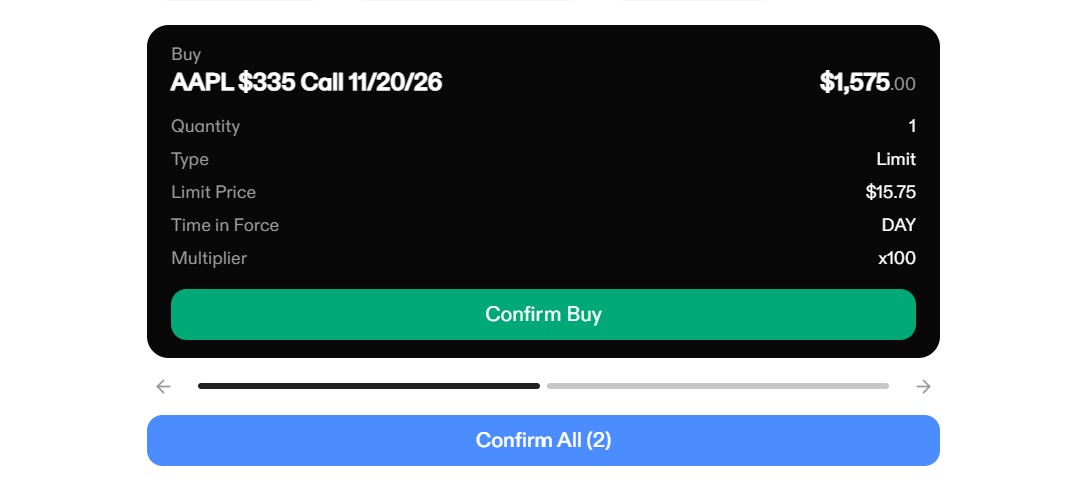 Omni AI order ticket for an AAPL $335 call showing quantity, limit price and time in force, with Confirm Buy and Confirm All buttons