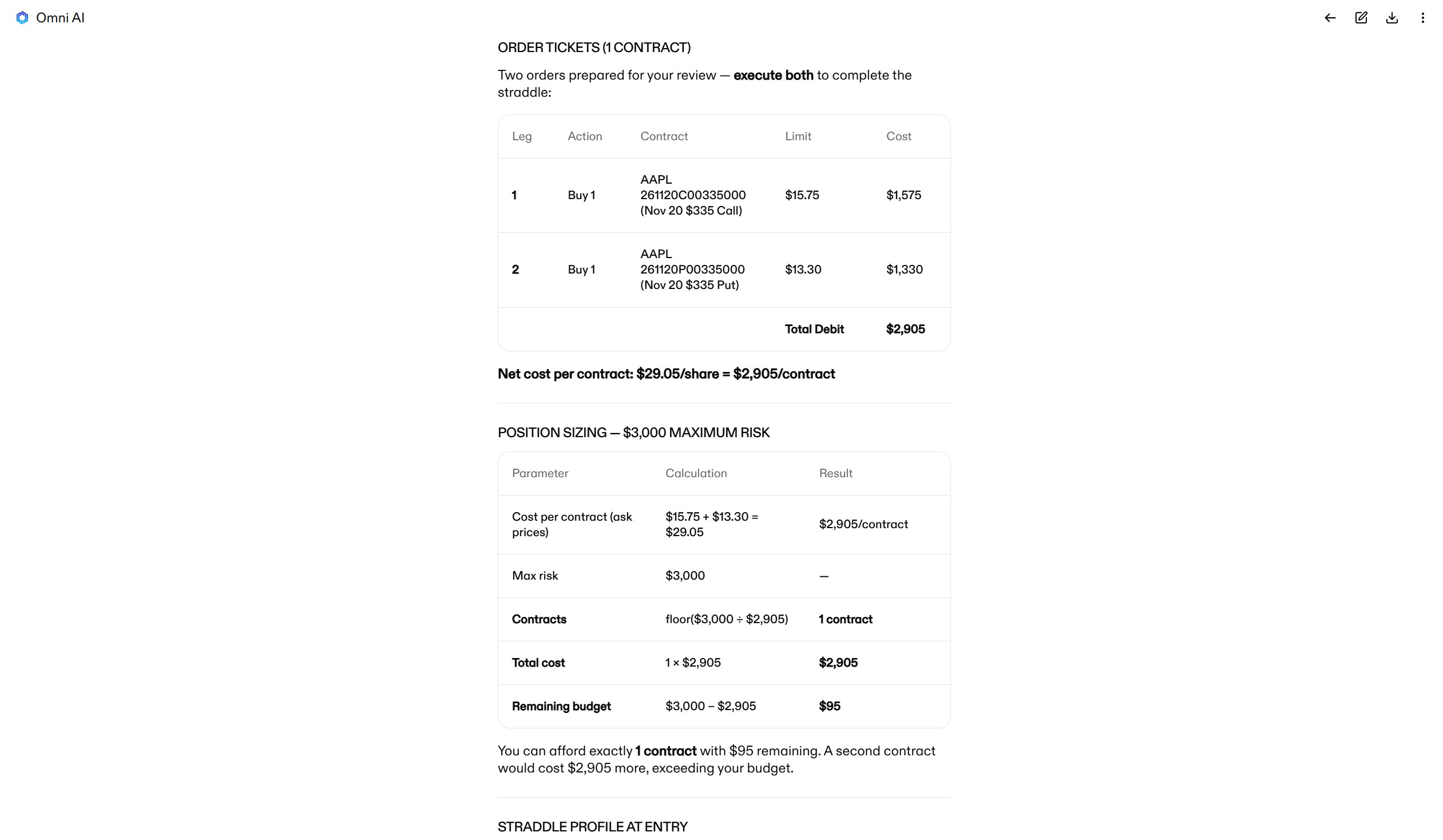 Omni AI order tickets for a two-leg AAPL long straddle with position sizing based on a $3,000 maximum risk