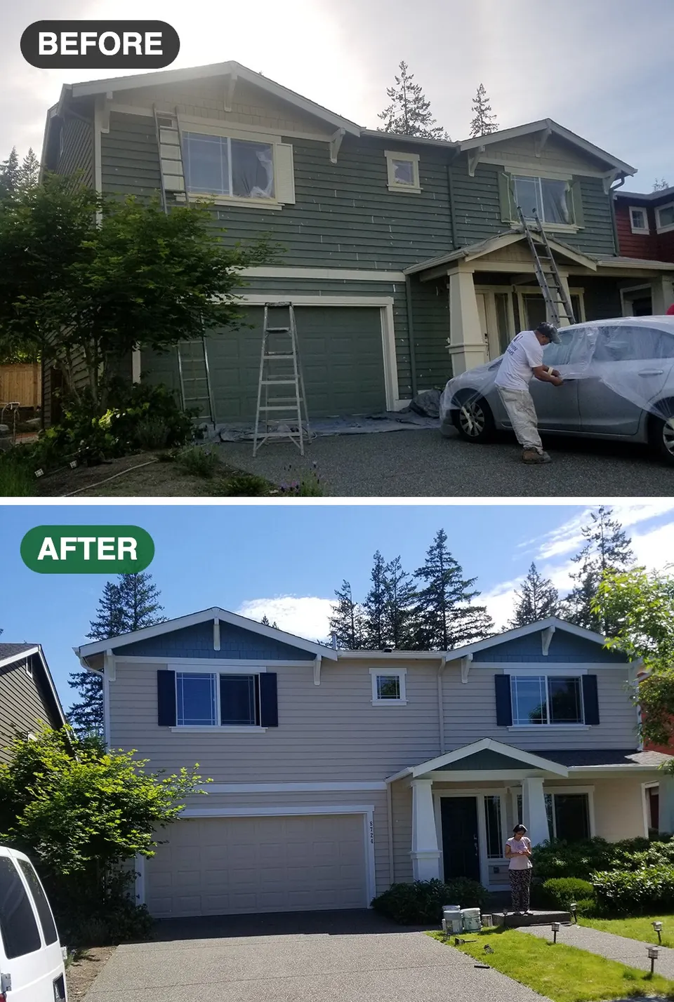 Before and after: craftsman home with green siding repainted in a light neutral with dark blue shutters