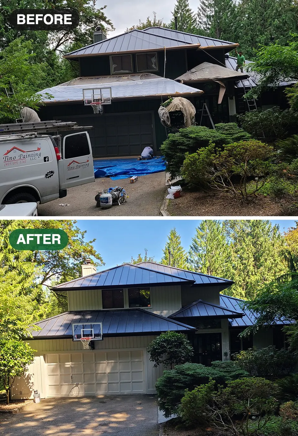 Before and after: dark two-story home repainted in a light cream color