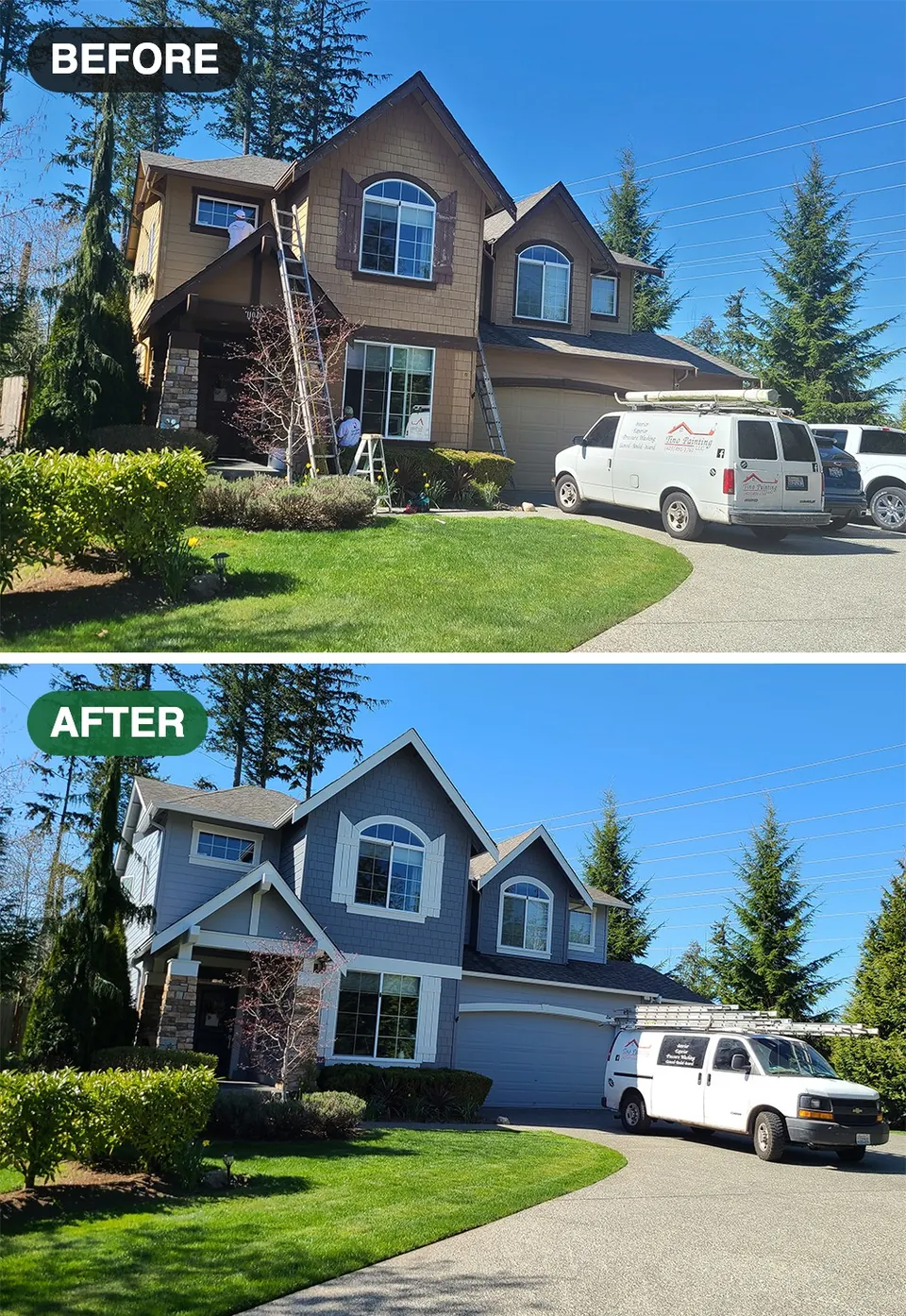 Before and after: two-story home with brown siding repainted blue-gray with white trim