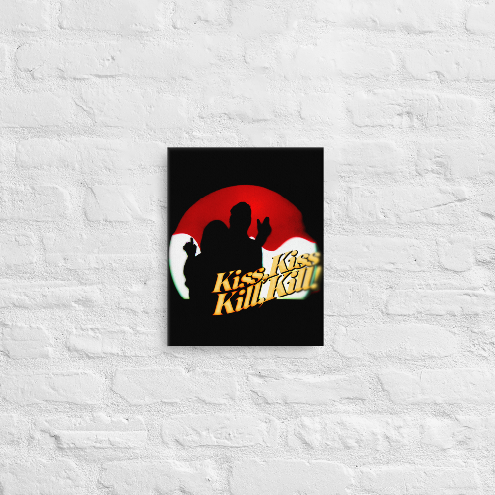 Two silhouetted figures, one male and one female, stand back-to-back with guns drawn against a bold red-and-white sunburst, with “Kiss Kiss Kill Kill” across the frame in a retro action-movie font.