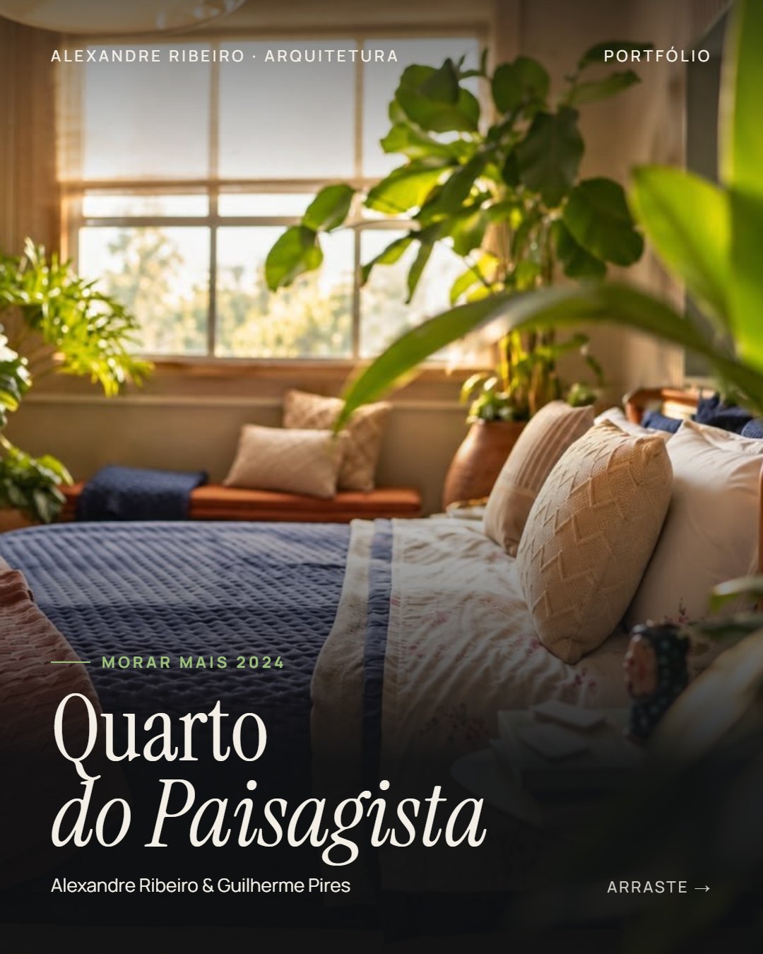 Quarto do Paisagista: cama com plantas e luz natural