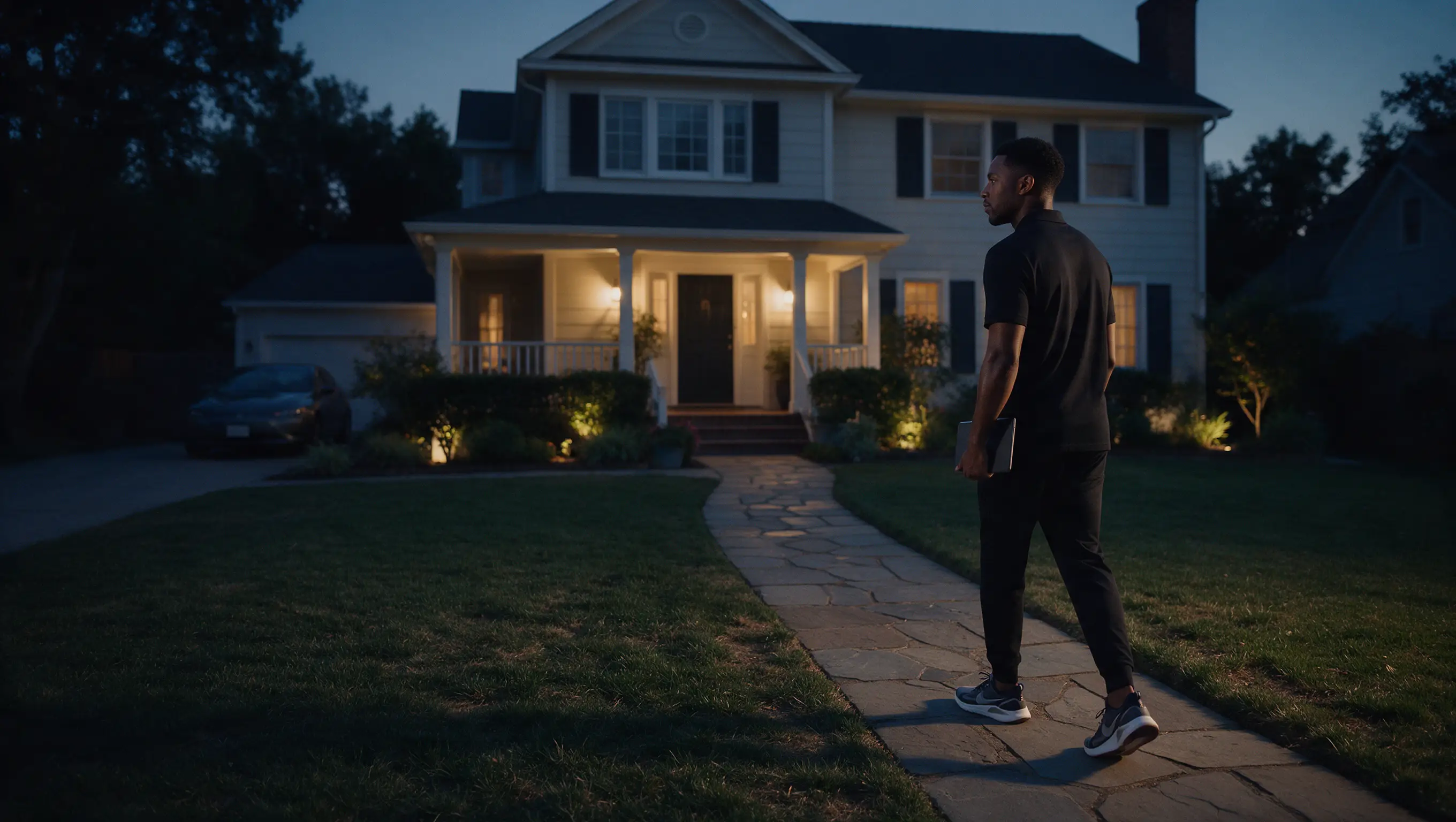 A sales rep walks up a front path at dusk with a tablet