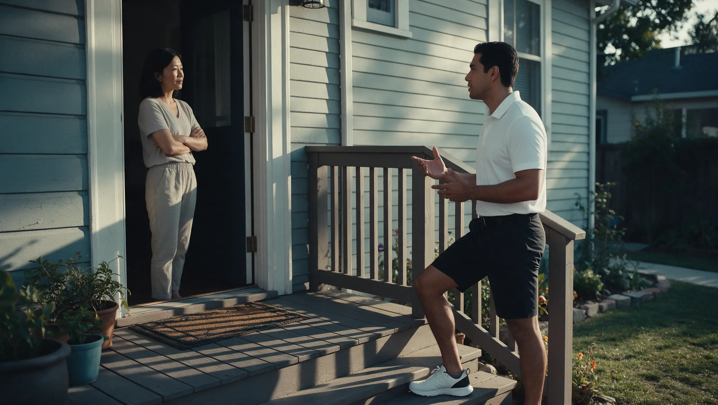 A rep talks with a homeowner at her front door
