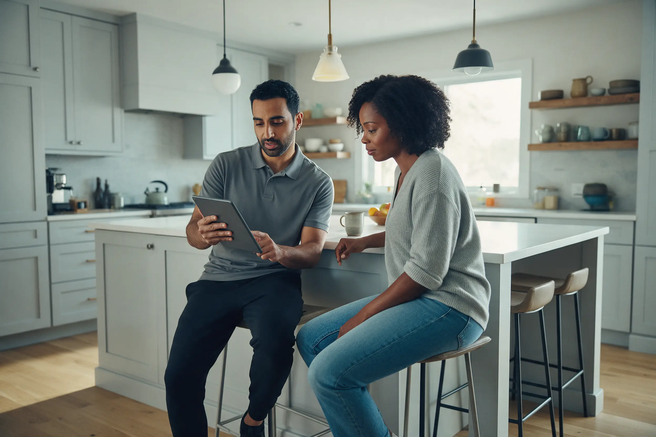 A rep walks a homeowner through a proposal at the kitchen island