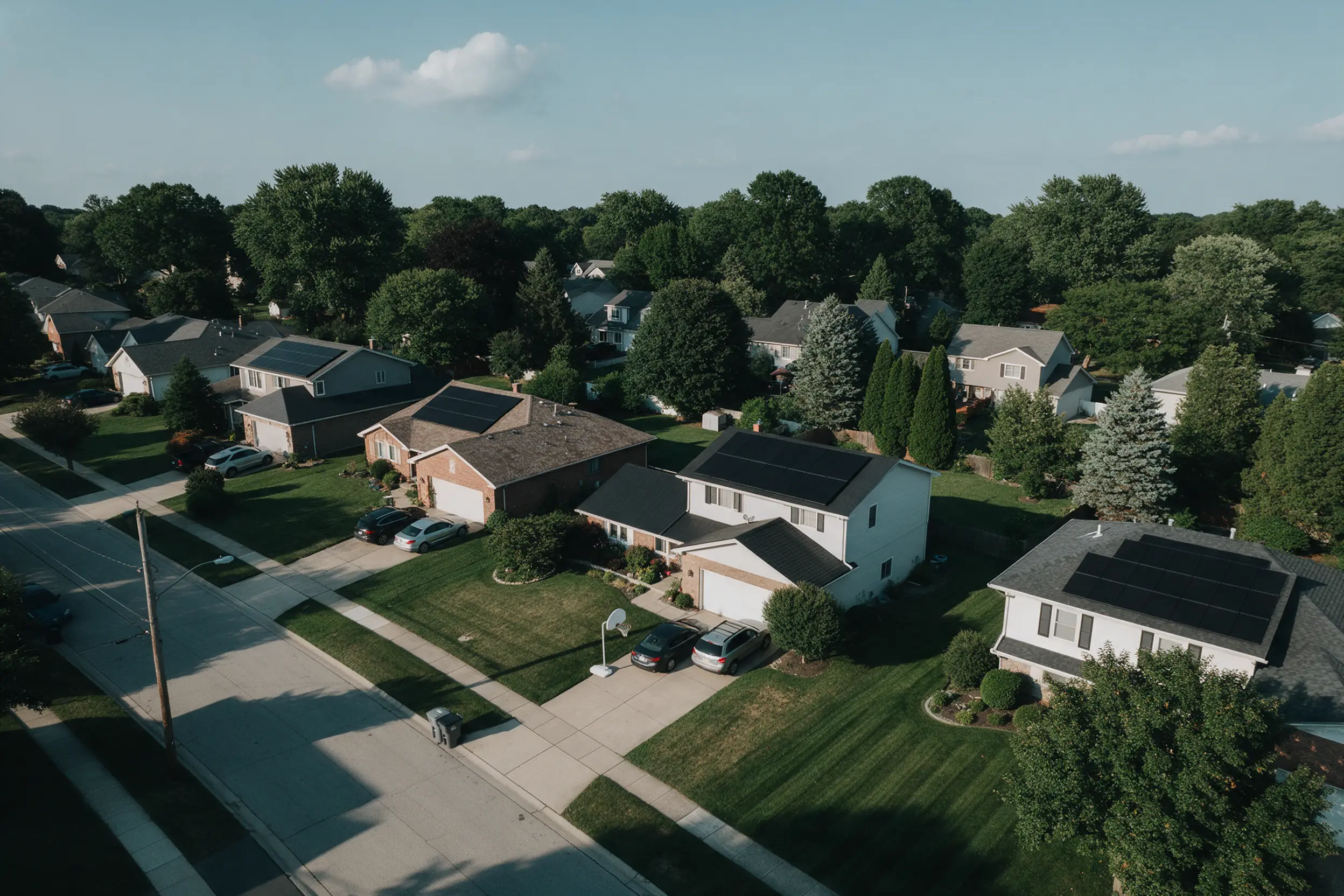 Aerial view of a neighborhood with solar panels on several roofs