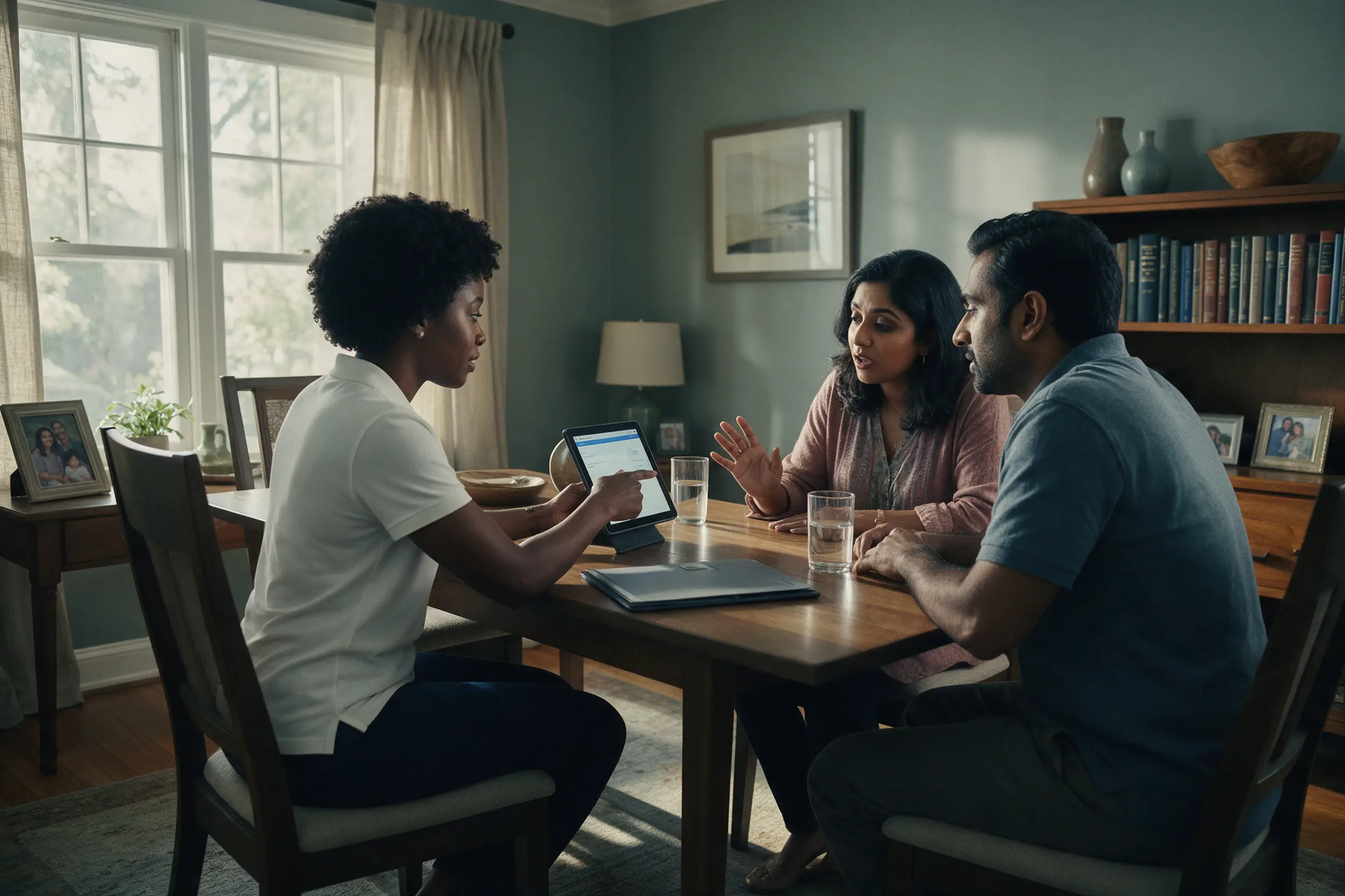 A rep presents on a tablet to a couple at their dining table